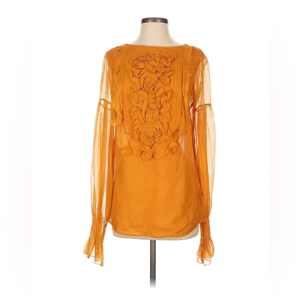 AndyTheAnh Women Top Blouse 100% Silk Orange Flowers  Embellished 4 Long Sleeves